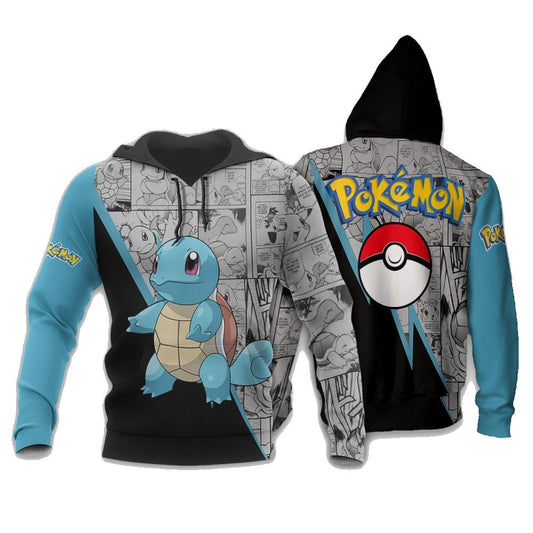 Pokemon Hoodie Squirtle Graphic Manga Style Hoodie Black Blue Unisex - Cozy Hoodie For Cold Weather