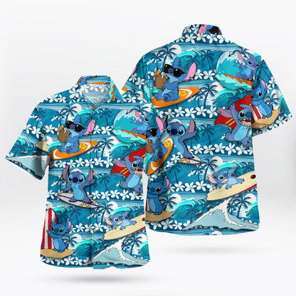 Stitch Surfing Hawaiian Shirt Blue Tropical Aloha