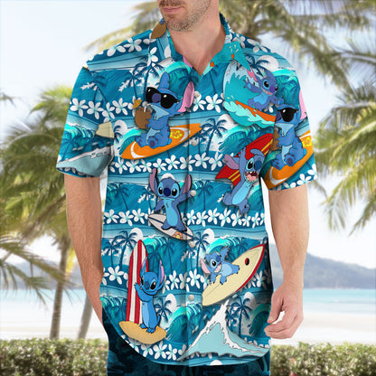 Stitch Surfing Hawaiian Shirt Blue Tropical Aloha