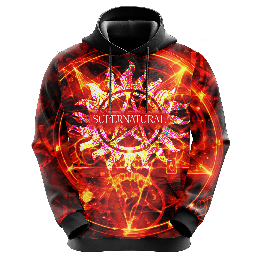 Supernatural Hoodie Supernatural Symbol On Fire Hoodie Black Orange Unisex - Cozy Hoodie For Cold Weather