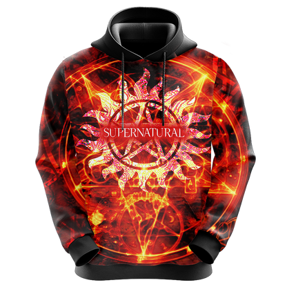 Supernatural Hoodie Supernatural Symbol On Fire Hoodie Black Orange Unisex - Cozy Hoodie For Cold Weather