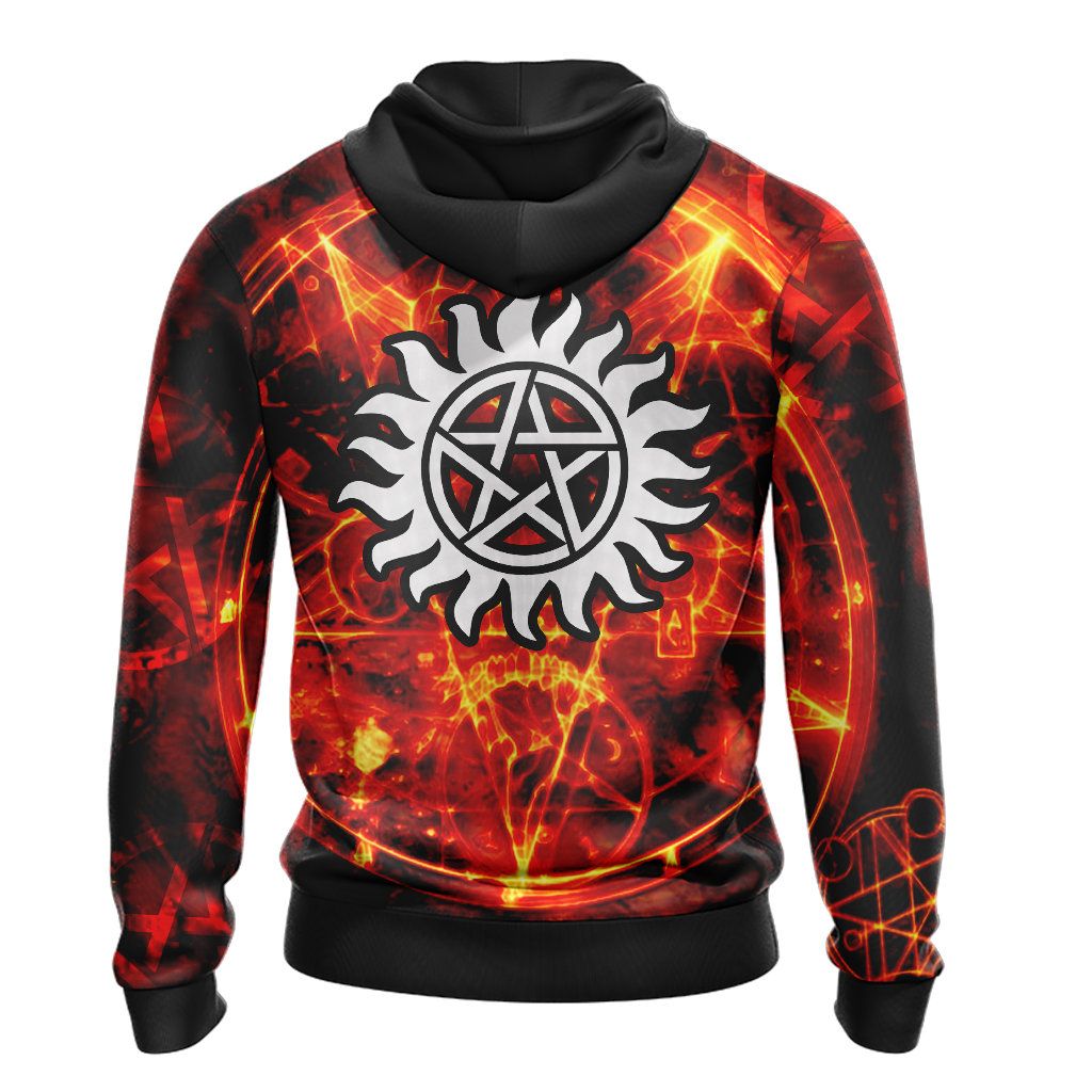 Supernatural Hoodie Supernatural Symbol On Fire Hoodie Black Orange Unisex - Cozy Hoodie For Cold Weather