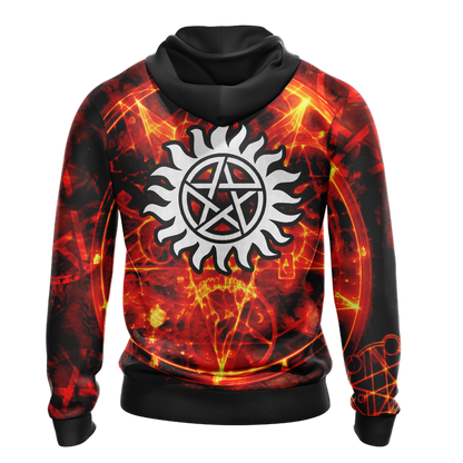 Supernatural Hoodie Supernatural Symbol On Fire Hoodie Black Orange Unisex - Cozy Hoodie For Cold Weather