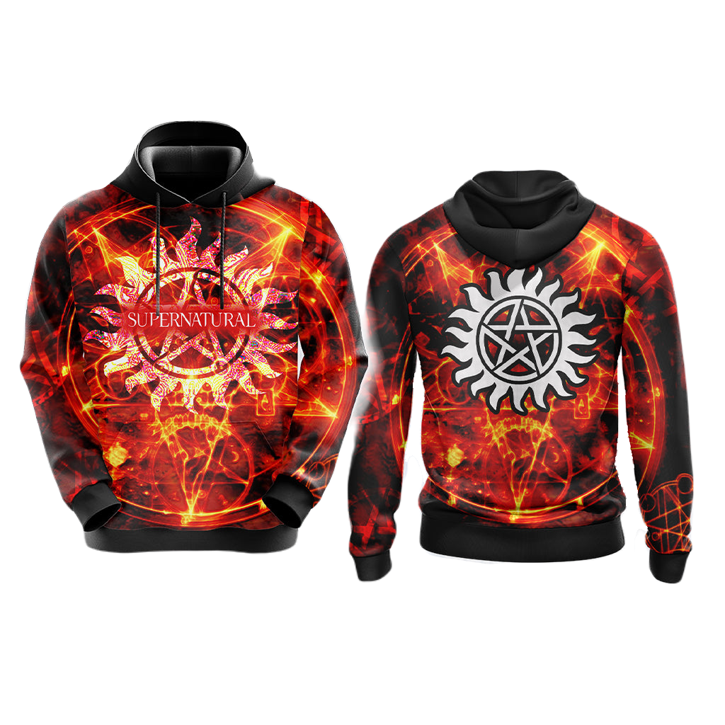 Supernatural Hoodie Supernatural Symbol On Fire Hoodie Black Orange Unisex - Cozy Hoodie For Cold Weather