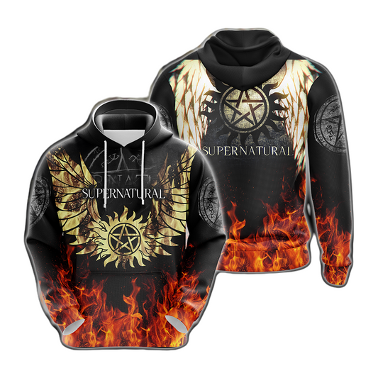 Supernatural Hoodie Supernatural Symbol Wings And Fire Hoodie Black Unisex - Cozy Hoodie For Cold Weather