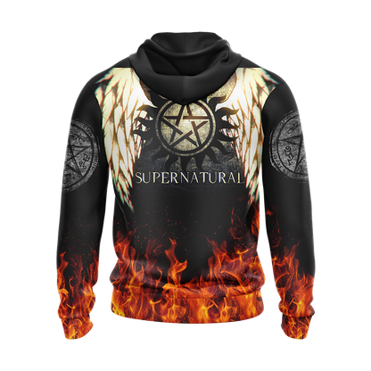 Supernatural Hoodie Supernatural Symbol Wings And Fire Hoodie Black Unisex - Cozy Hoodie For Cold Weather