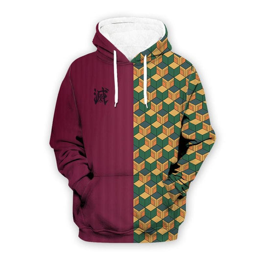  Demon Slayer Hoodie Giyu Tomioka Green Yellow Pattern Costume Hoodie Demon Slayer Apparel