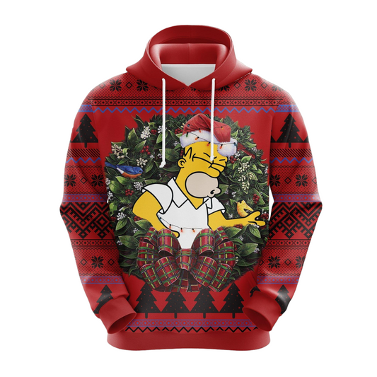 The Sympsons Hoodie Homer Simpson Christmas Pattern Hoodie Red Unisex - Cozy Hoodie For Cold Weather