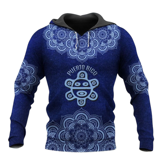 Puerto Rico Hoodie Puerto Rico Sol Taino Mandala Pattern Hoodie Blue Unisex - Cozy Hoodie For Cold Weather