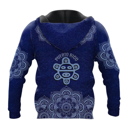 Puerto Rico Hoodie Puerto Rico Sol Taino Mandala Pattern Hoodie Blue Unisex - Cozy Hoodie For Cold Weather