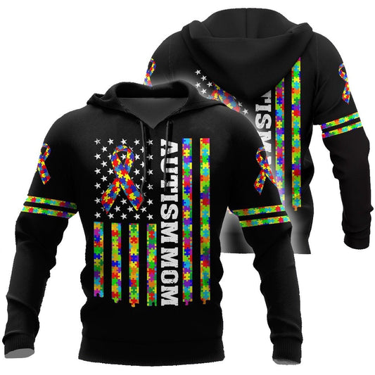 Autism Hoodie Autism Mom American Flag Puzzle Pieces T-Shirt Colorful Unisex - Trendy Gift For Men & Women