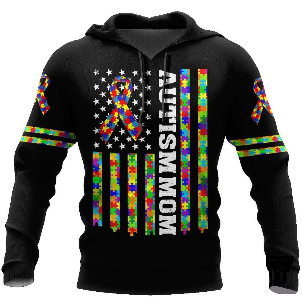 Autism Hoodie Autism Mom American Flag Puzzle Pieces T-Shirt Colorful Unisex - Trendy Gift For Men & Women
