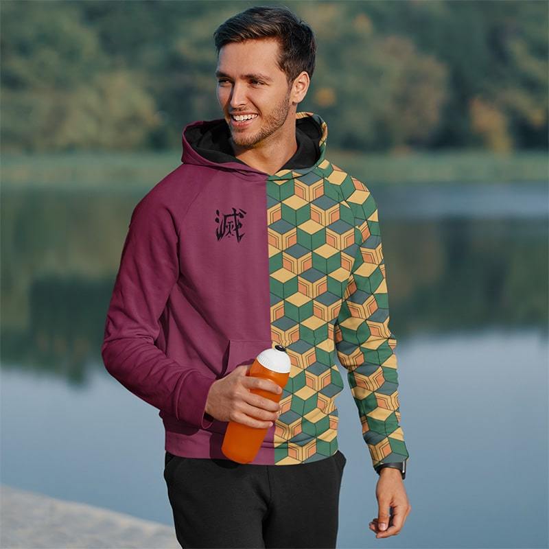 Demon Slayer Hoodie Giyu Tomioka Green Yellow Pattern Costume Hoodie Demon Slayer Apparel