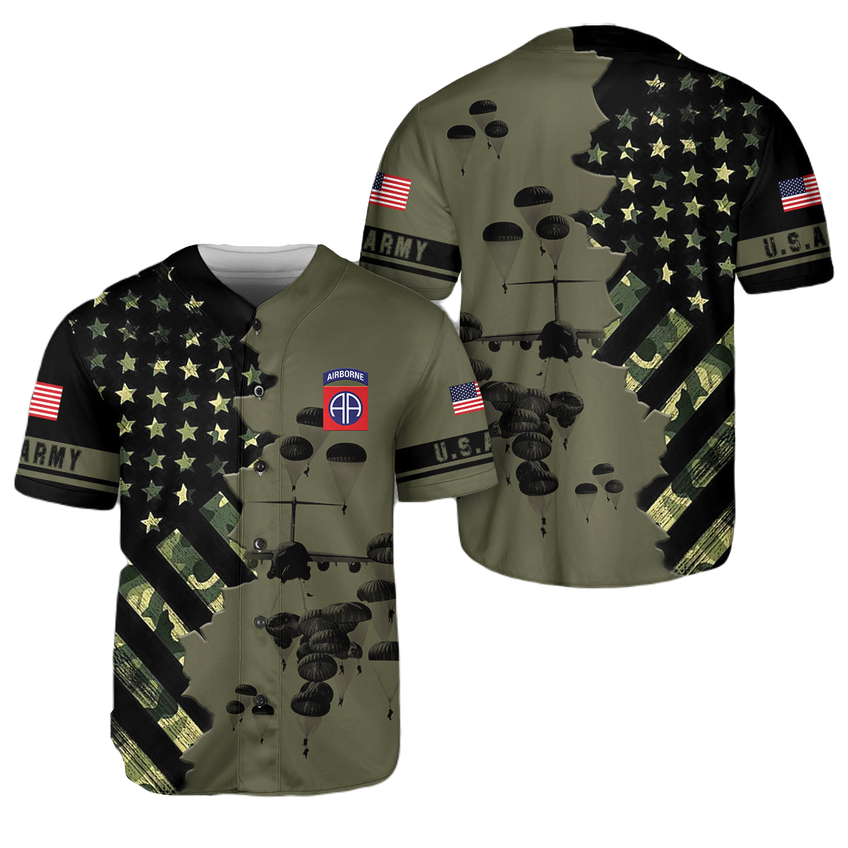 Veteran Baseball Jersey Paratroopers with the 82nd Airborne Veteran Army Jersey Shirt Black Green Unisex Adult New...