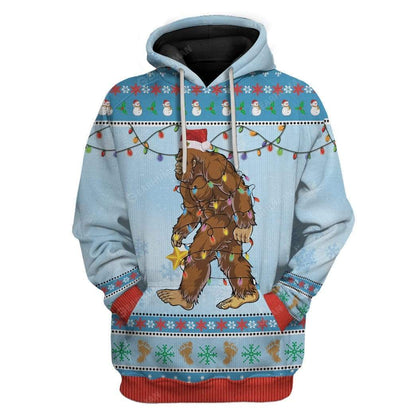 Bigfoot Hoodie Bigfoot Wearing Christmas Hat T-Shirt Blue Unisex - Trendy Gift For Men & Women