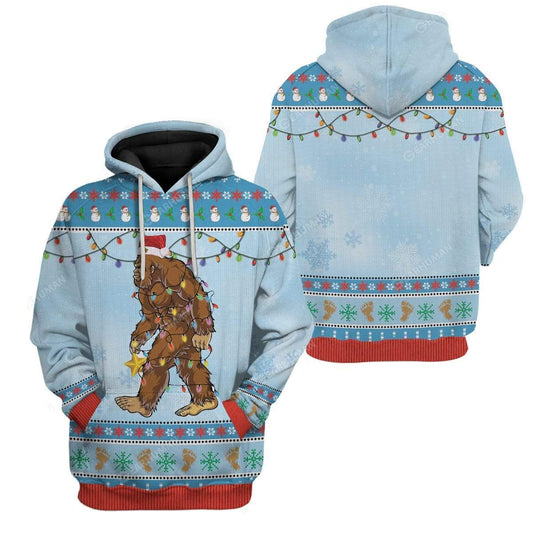 Bigfoot Hoodie Bigfoot Wearing Christmas Hat T-Shirt Blue Unisex - Trendy Gift For Men & Women