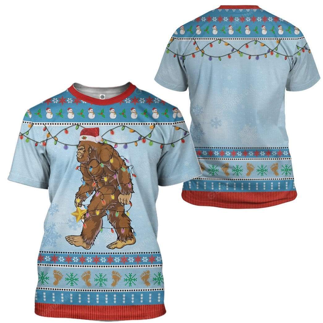 Bigfoot Hoodie Bigfoot Wearing Christmas Hat T-Shirt Blue Unisex - Trendy Gift For Men & Women