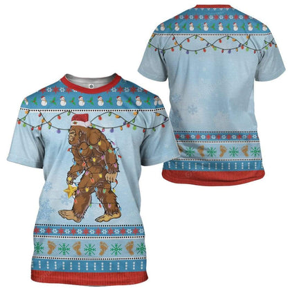 Bigfoot Hoodie Bigfoot Wearing Christmas Hat T-Shirt Blue Unisex - Trendy Gift For Men & Women