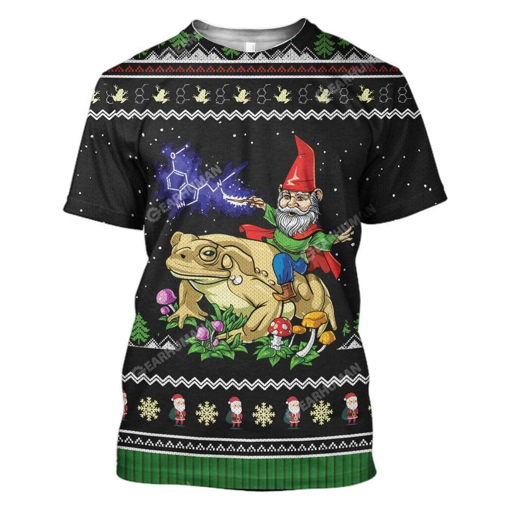 Gnome Hoodie Gnome Riding Toad Christmas Pattern T-Shirt Green Black Unisex - Trendy Gift For Men & Women