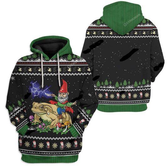 Gnome Hoodie Gnome Riding Toad Christmas Pattern T-Shirt Green Black Unisex - Trendy Gift For Men & Women