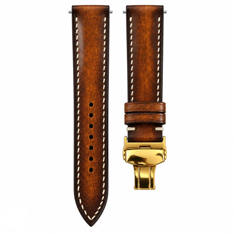 Patina Cognac Brown Vegetable-Tanned Leather Watch Strap with Gold Butterfly Clasp