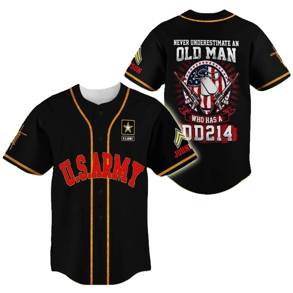 Veteran Baseball Jersey Never Underestimate an Old Man Veteran Army Jersey Shirt Black Unisex Adult New Release