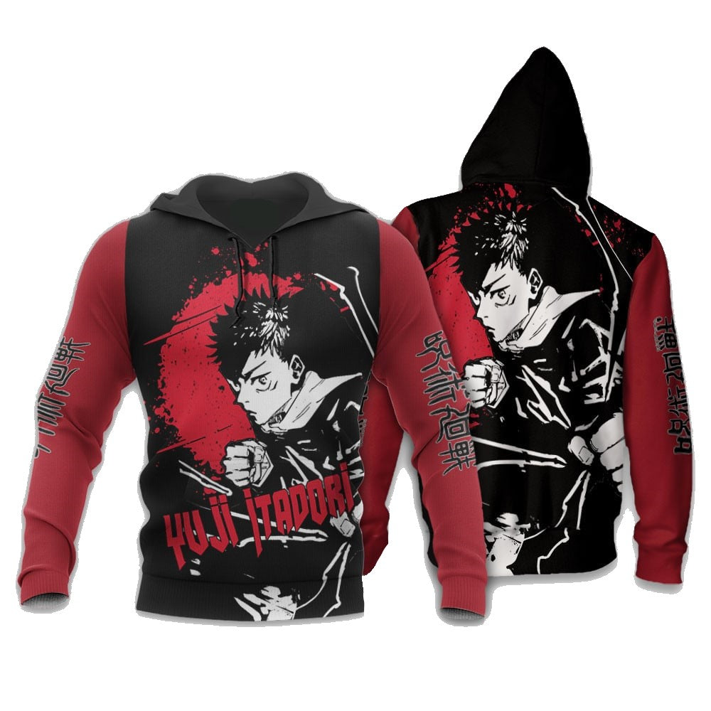 Jujutsu Kaisen Hoodie Jujutsu Kaisen Yuji Itadori Graphic Hoodie Black Red Unisex - Cozy Hoodie For Cold Weather