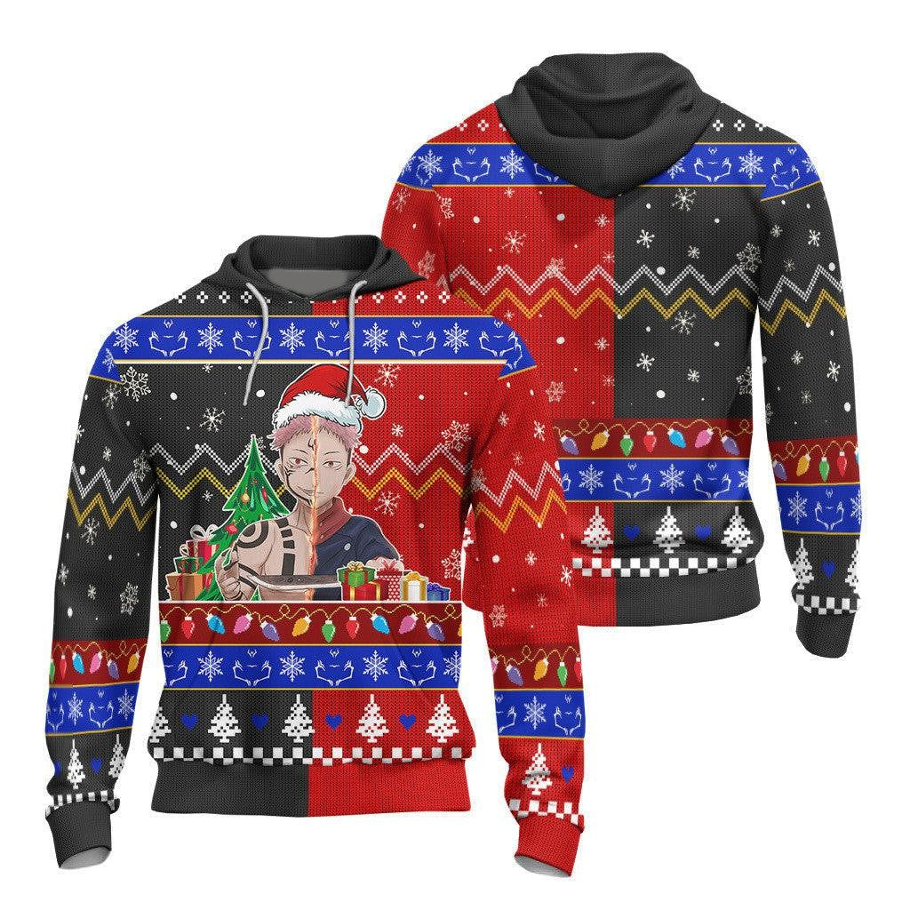 Jujutsu Kaisen Hoodie Yuji And Sukuna Half Face Christmas Pattern Hoodie Red Black Unisex - Cozy Hoodie For Cold Weather
