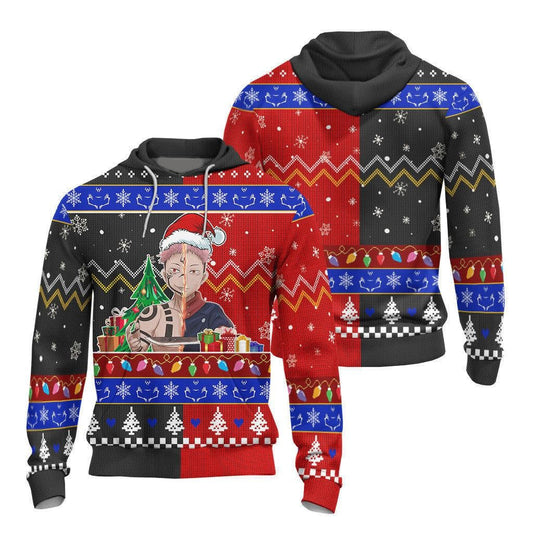 Jujutsu Kaisen Hoodie Yuji And Sukuna Half Face Christmas Pattern Hoodie Red Black Unisex - Cozy Hoodie For Cold Weather