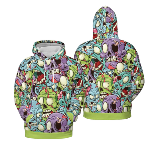 Zombie Hoodie Zombie Heads Doodle Pattern Hoodie Colorful Unisex - Cozy Hoodie For Cold Weather