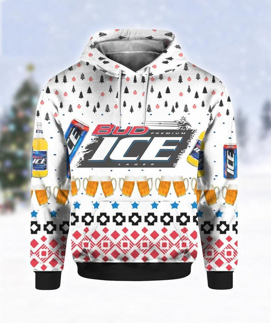 Beer Hoodie Bud Ice Premium Lager Beer Pattern White Hoodie Amazing Beer - Cozy Hoodie For Cold Weather