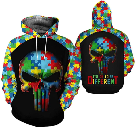 Autism Hoodie It'S Ok To Be Diffrent Skull Puzzle Pieces Hoodie Colorful Unisex - Cozy Hoodie For Cold Weather