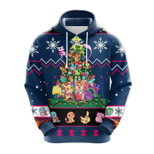Pokemon Hoodie Pikachu And All Pokemon Snowflakes Pattern Hoodie Blue Unisex - Cozy Hoodie For Cold Weather