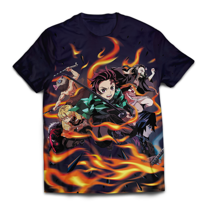  Demon Slayer Shirt Tanjiro Nezuko Giyu Tomioka Zenitsu Inosuke Fire Black Shirt Demon Slayer Apparel