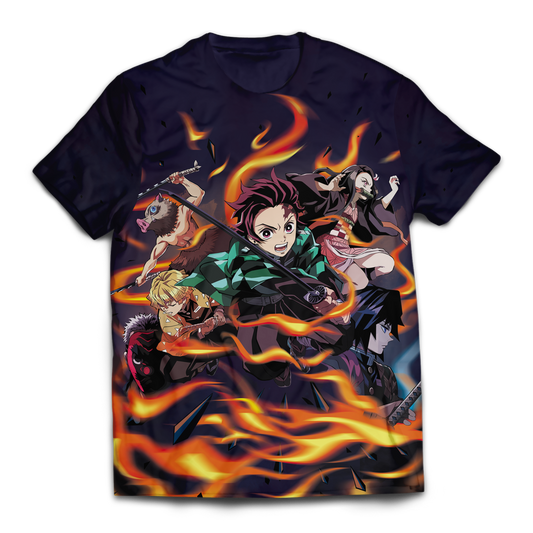  Demon Slayer Shirt Tanjiro Nezuko Giyu Tomioka Zenitsu Inosuke Fire Black Shirt Demon Slayer Apparel