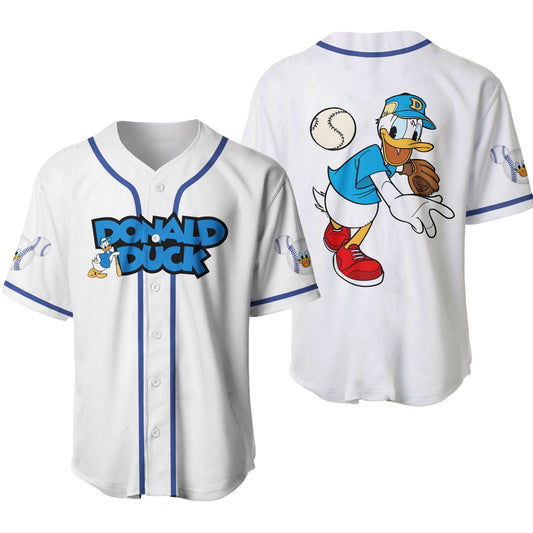 Disney Jersey Disney Donald Duck Character Throwing Ball Graphic White Blue Jersey Shirt Baseball Donald Duck Baseball