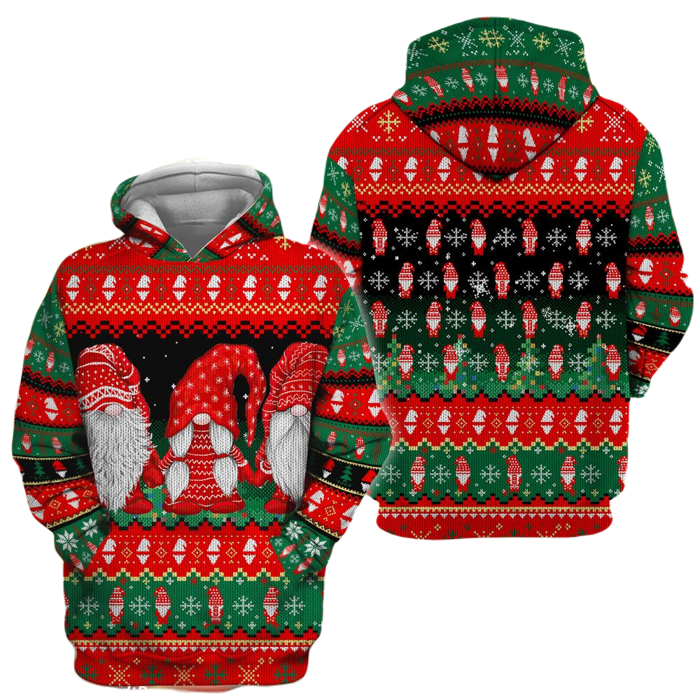 Gnome Hoodie Christmas Gnome Pattern Hoodie Red Green Unisex - Cozy Hoodie For Cold Weather