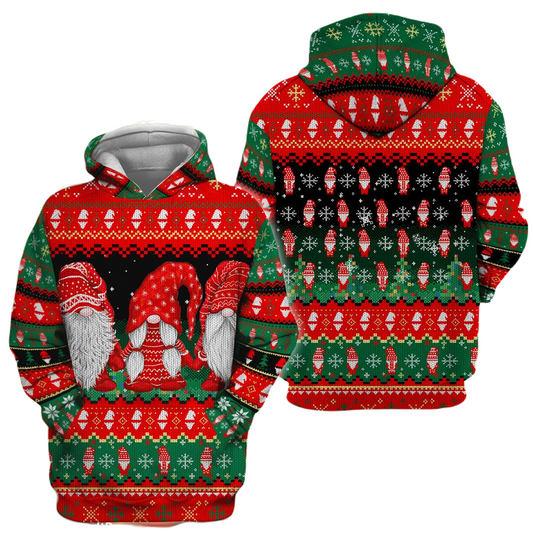 Gnome Hoodie Christmas Gnome Pattern Hoodie Red Green Unisex - Cozy Hoodie For Cold Weather