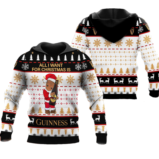 Guinness Hoodie Groot All I Want For Christmas Is Guinness Hoodie Black White Unisex - Cozy Hoodie For Cold Weather