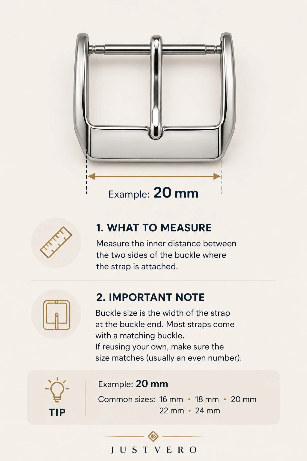 How to measure buckle width: measure the inner distance between the two sides of the buckle where the strap attaches. Common sizes are 16, 18, 20, 22 and 24 mm.