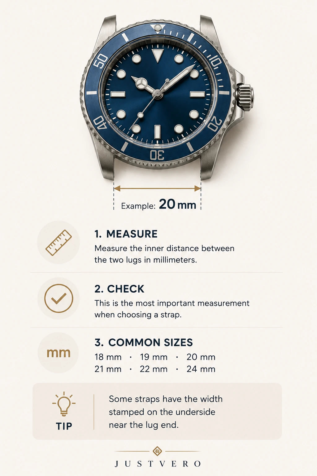 How to measure lug width: measure the inner distance between the two lugs in millimetres. Common sizes are 18, 19, 20, 21, 22 and 24 mm.