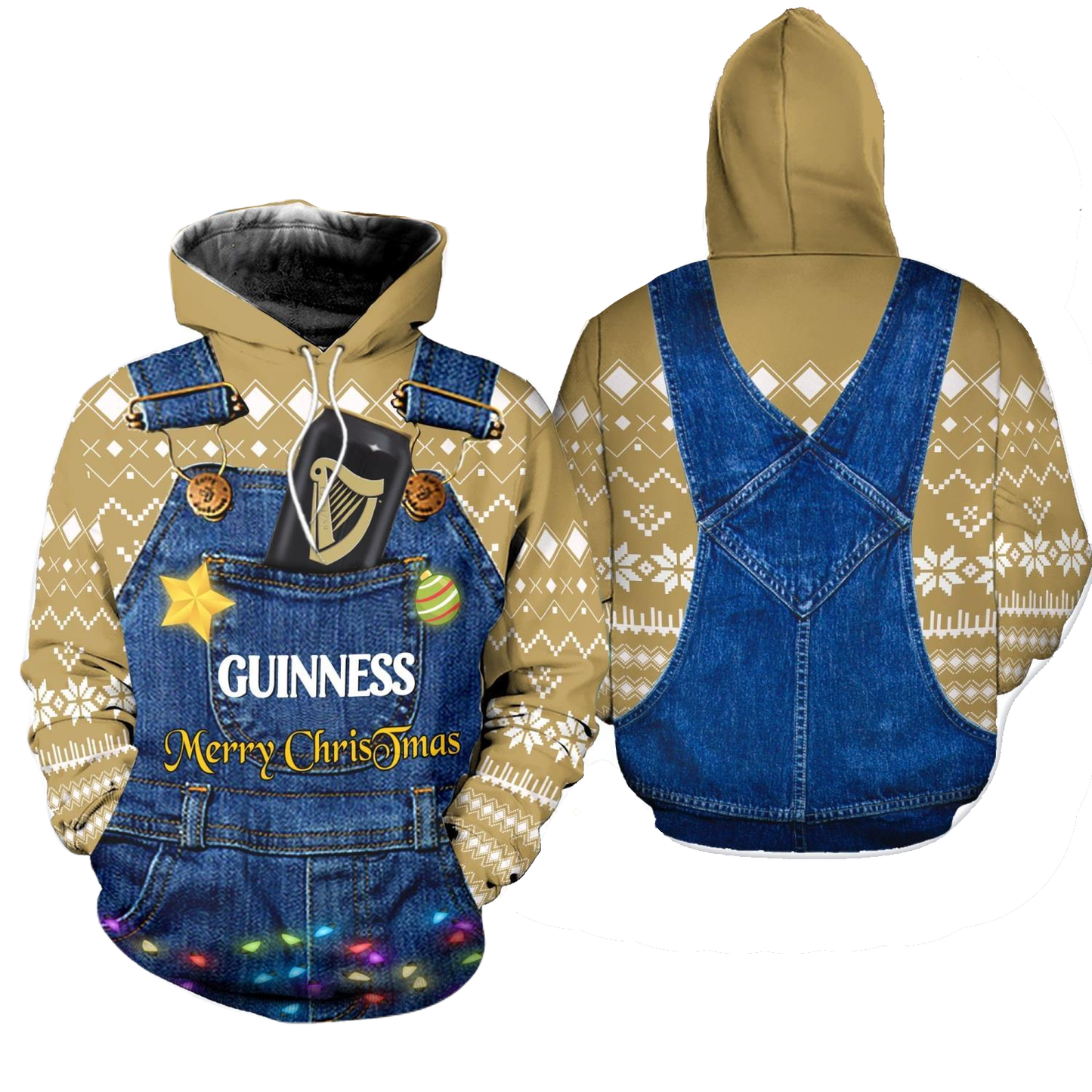 Guinness Hoodie Guinness Merry Christmas Dungarees T-Shirt Brown Blue Unisex - Trendy Gift For Men & Women