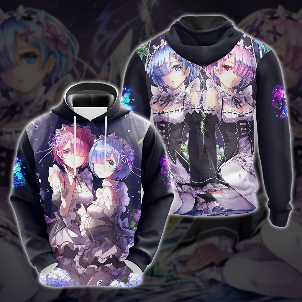 Rem & Ram Re:Zero All Over Print T-shirt Tank Top Zip Hoodie Pullover Hoodie