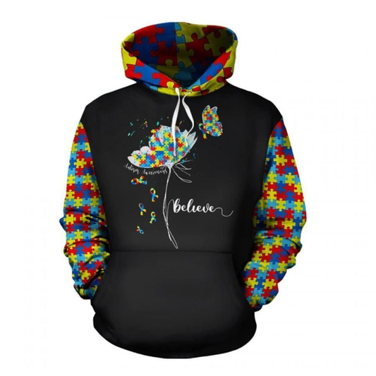 Autism Hoodie Autism Awareness Believe Flower And Butterfly Hoodie Colorful Unisex - Cozy Hoodie For Cold Weather