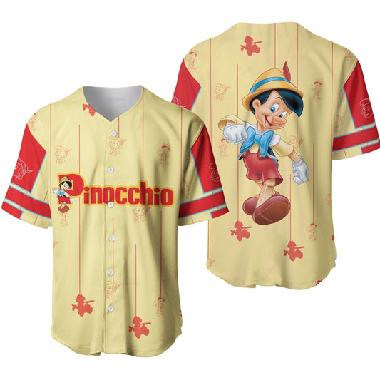 Disney Jersey Pinocchio the Wooden Boy Pattern Yellow Red Jersey Shirt Pinocchio Baseball
