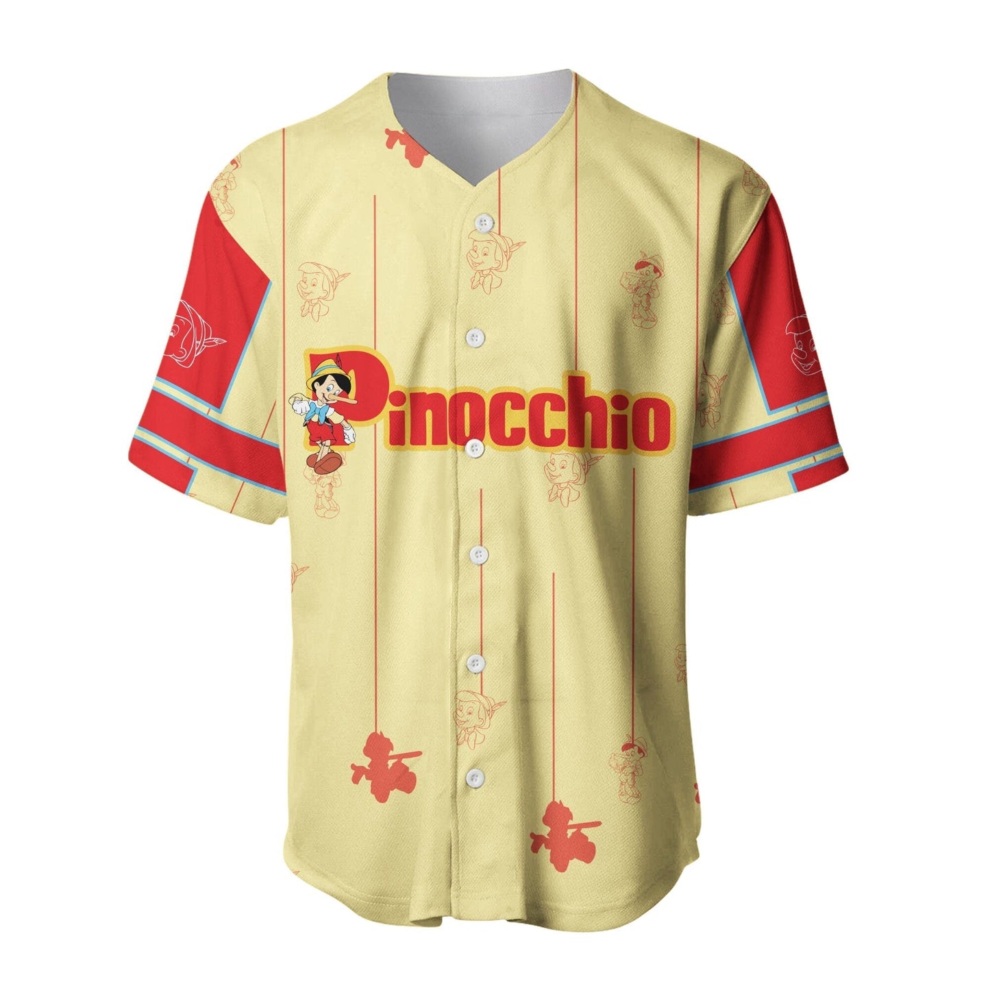 Disney Jersey Pinocchio the Wooden Boy Pattern Yellow Red Jersey Shirt Pinocchio Baseball