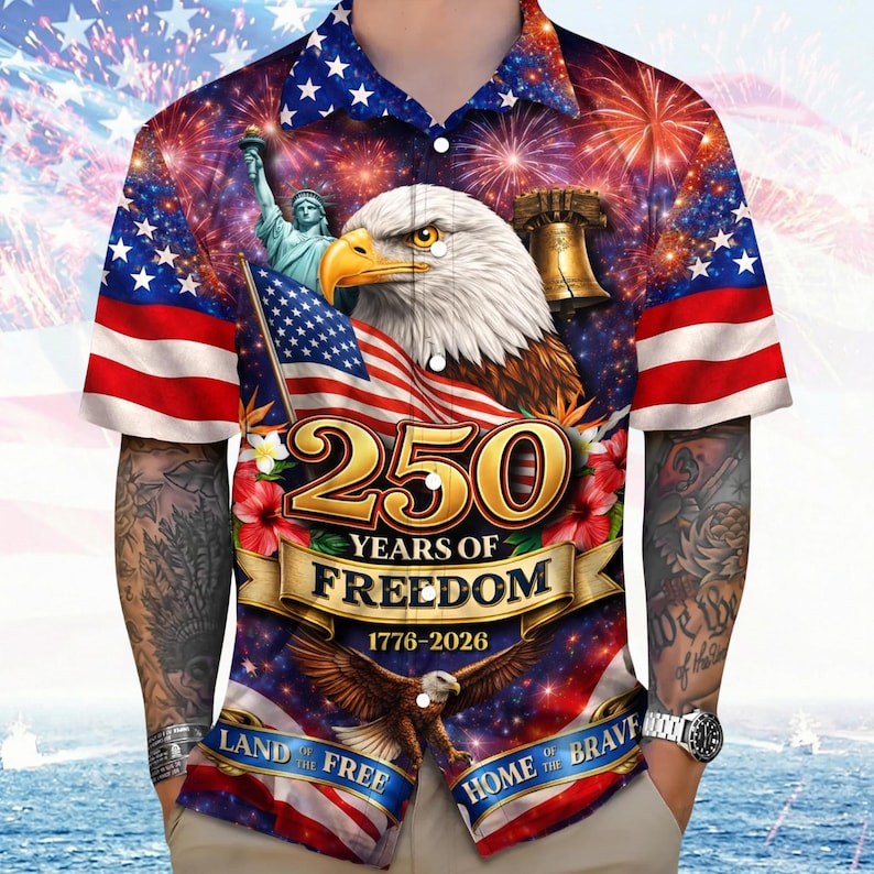 Men’s 1776 2026 Independence Day Hawaiian Shirt, Bald Eagle American Flag Fireworks Graphic, Patriotic Party Apparel