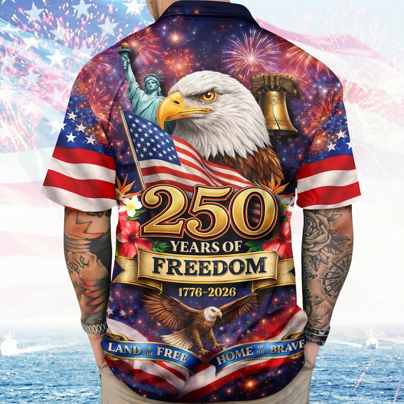 Men’s 1776 2026 Independence Day Hawaiian Shirt, Bald Eagle American Flag Fireworks Graphic, Patriotic Party Apparel