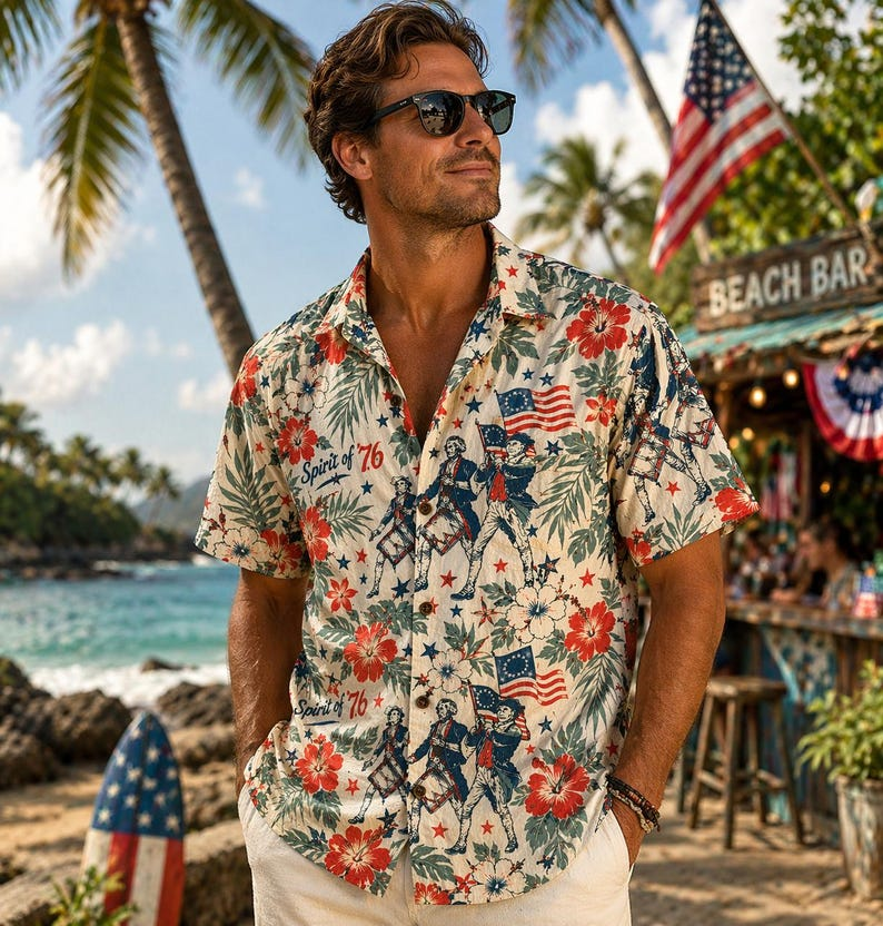 Patriotic Hawaiian Shirt for Men, Tropical Hibiscus Flag Graphic Aloha Shirt, Independence Day Beach Outfit