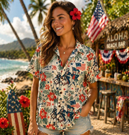 Patriotic Hawaiian Shirt for Men, Tropical Hibiscus Flag Graphic Aloha Shirt, Independence Day Beach Outfit